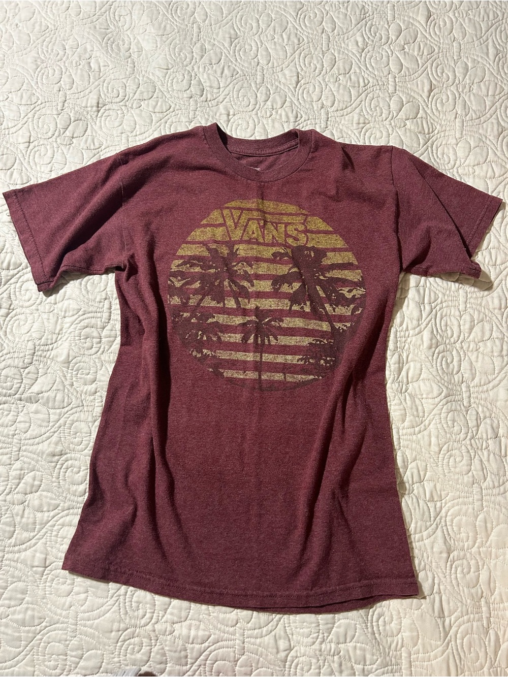 Vans Men's Maroon Tee with Gold Palm Graphic
